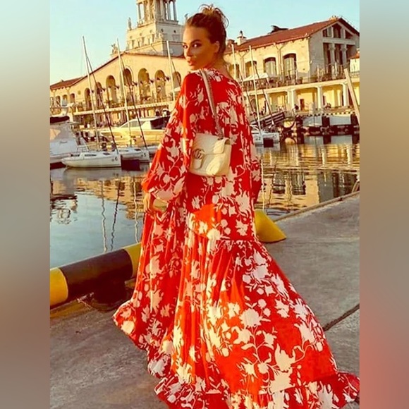 JOHANNA ORTIZ x H&M Voluminous Satin Maxi Dress in Red/Wild Roses - Picture 14 of 16